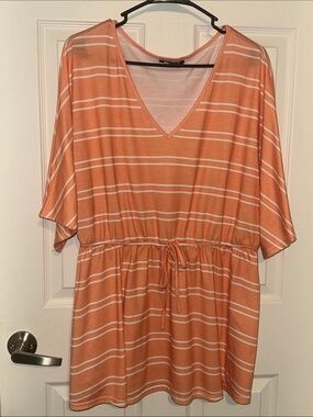 BloomChic Peach Striped V-Neck Drawstring Top